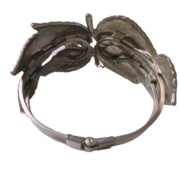 Boho Chic Silver Tone Leaf Motif Bangle Bracelet Wide Nature Inspo Timeless - Picture 4 of 5